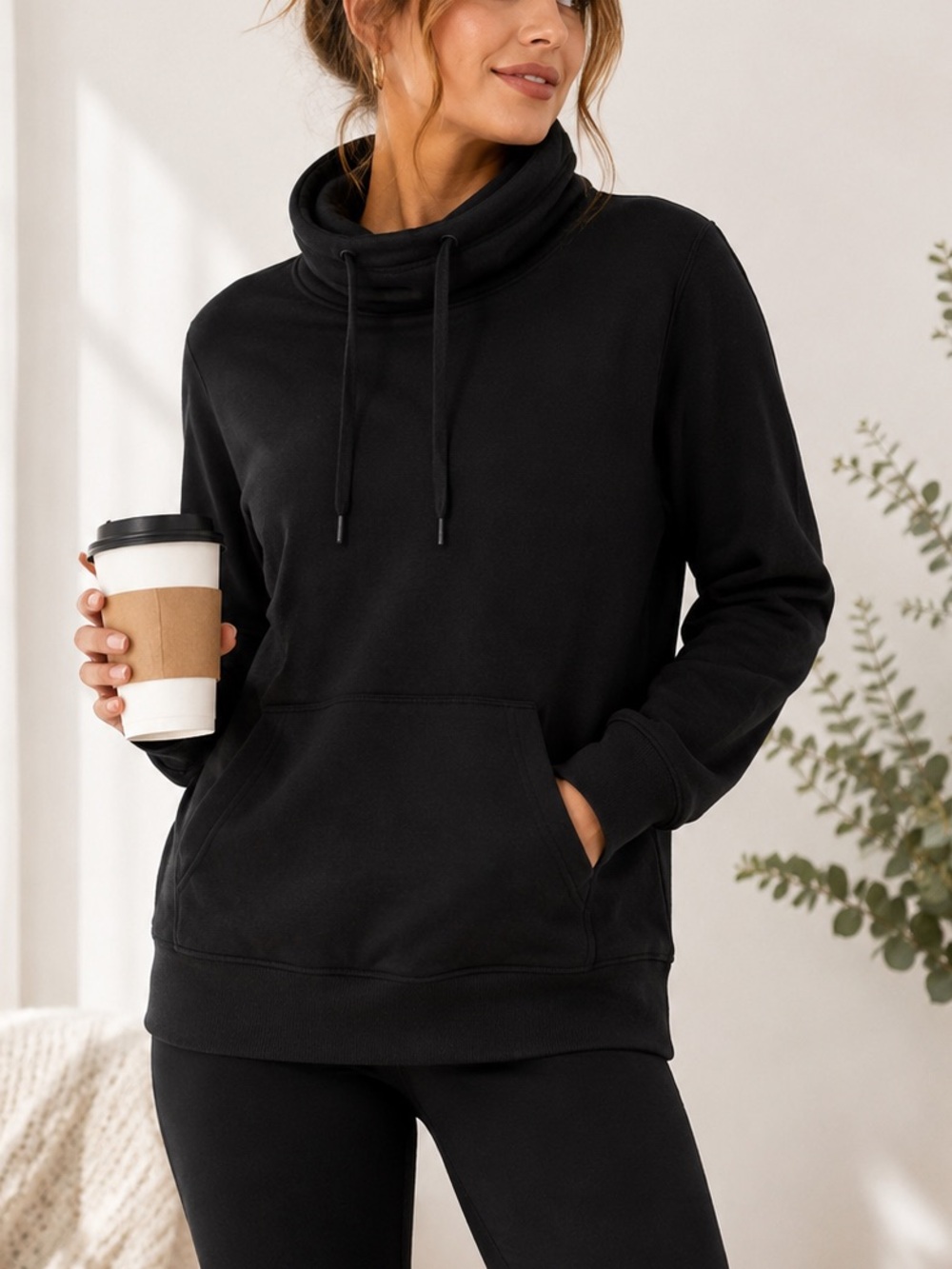 Free Assembly Black Funnel Neck Sweatshirt Large NWT 100% Cotton Pullover Hoodie
